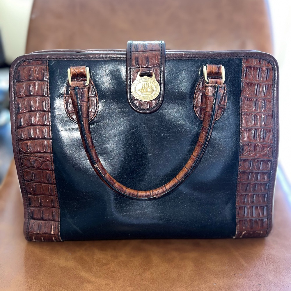 Vintage Brahmin Black and Brown Croc-Trim Satchel with Gold Medallion